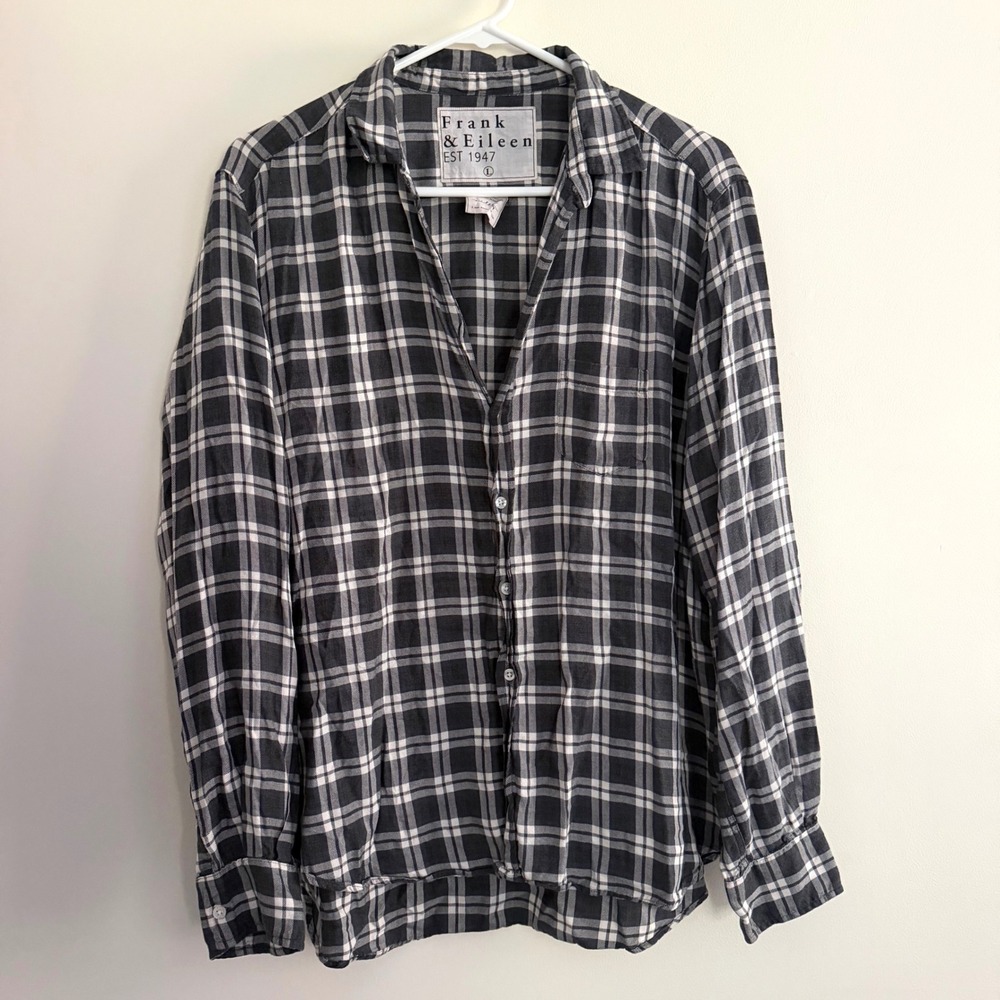 Frank & Eileen Plaid Eileen Button Up Shirt Italian Modal Gray and White Size L